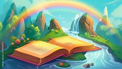 Open book with beautiful background with rainbow and magic world. Open pages of magic book with magical fantasy world. Open book in nature. Open book with rainbow.. Generative AI. The Magic Book