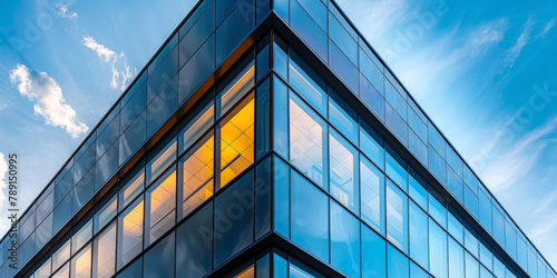  grass office building on blue sky background. closeup of the exterior wall, showcasing black aluminum window frames and glass