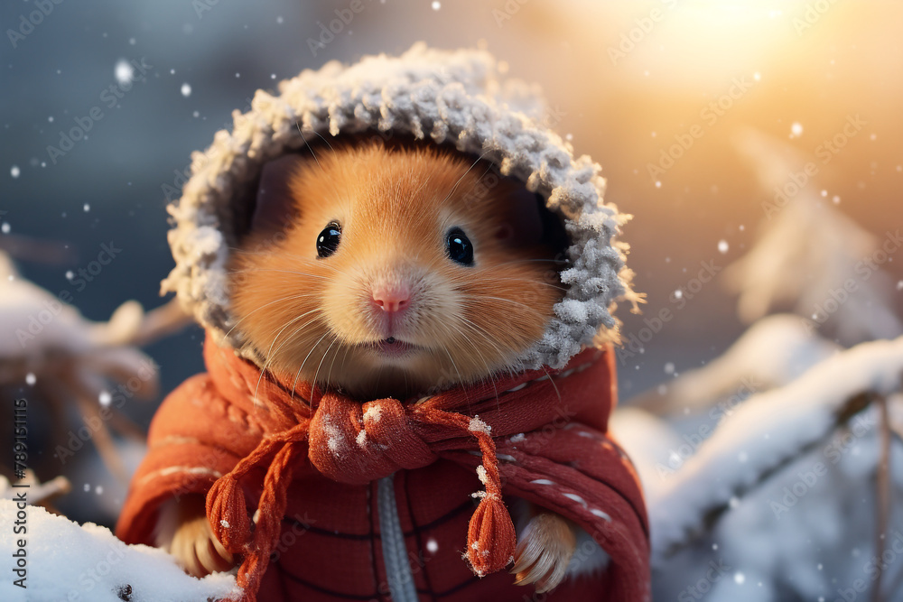 Obraz premium winter postcard with a red hamster сreated with Generative Ai