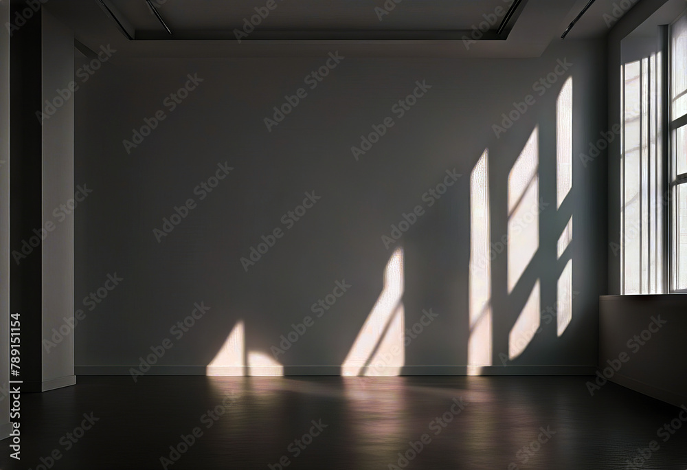 Obraz premium wall interior empty White room sunlight shadow concrete light window city view ceiling corner glasses three-dimensional rendering illustration loft real estate architecture design