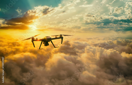 Drone with professional digital camera flying over the spectacular sunset sky above the clouds.