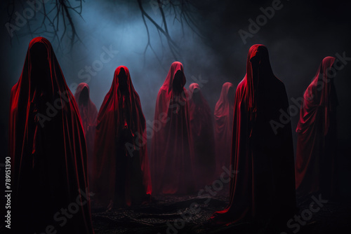 Group of People in Red Hooded Cloaks, No face, Mystery Conspiracy Concept photo