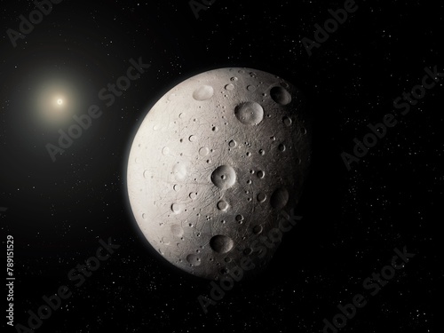 Dwarf planet with impact craters. Stone planetoid in space. Satellite on a black background.
