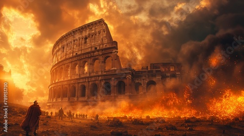 World of epic historical dramas, captivating scene of legendary Colosseum in fire, knights in armor. History comes alive photo