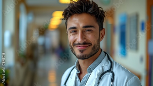 En el corazón de la clínica, la sonrisa tranquilizadora de un médico ofrece un faro de esperanza, encarnando el arte gentil de la medicina. photo