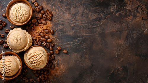 Three scoops of coffee ice cream in bowls with coffee beans on a rustic background