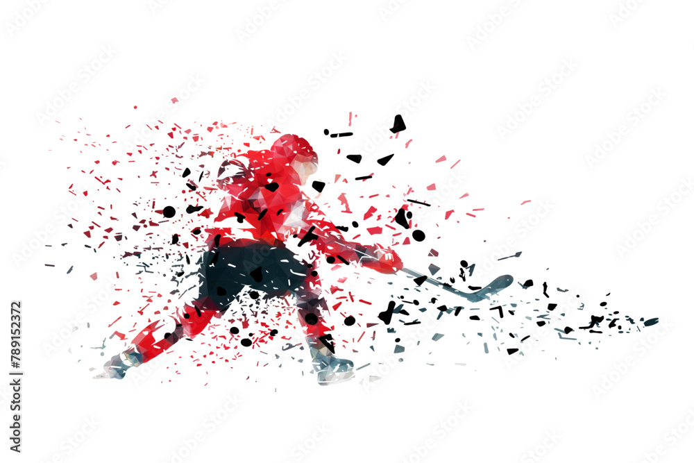 Ice hockey player shooting puck, isolated low poly vector illustration with shatter effect