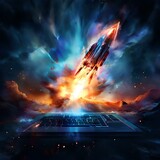 Rocket coming out of laptop screen, blue background As your fingers danced across the keyboard