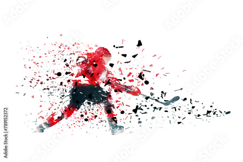 Ice hockey player shooting puck, isolated low poly vector illustration with shatter effect