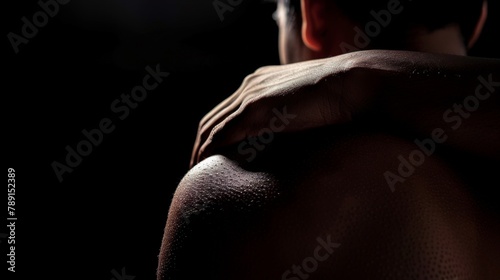Focus on a person's shoulder tensing up in pain, with a plain black background, rendered realistically.