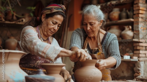 Indigenous Australian and Caucasian women crafting traditional pottery in a rustic Greek village setting, styled in rich, earthy tones that highlight cultural exchange.