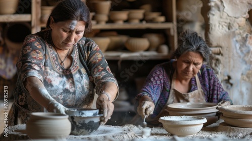 Wallpaper Mural Indigenous Australian and Caucasian women crafting traditional pottery in a rustic Greek village setting, styled in rich, earthy tones that highlight cultural exchange. Torontodigital.ca
