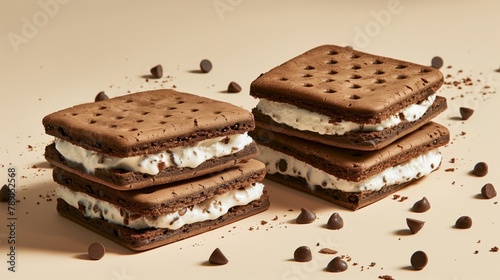 Stacked ice cream sandwiches with chocolate chips scattered on a beige surface