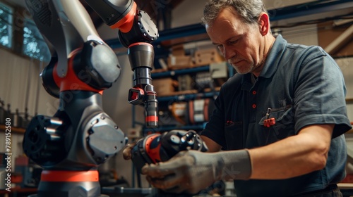 Industrial AI in Action with Human Collaboration: Middle-aged Caucasian male collaborates with an AI-powered robotic arm to assemble machinery.