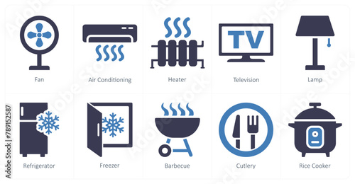 A set of 10 home appliances icons as fan, air conditioning, heater