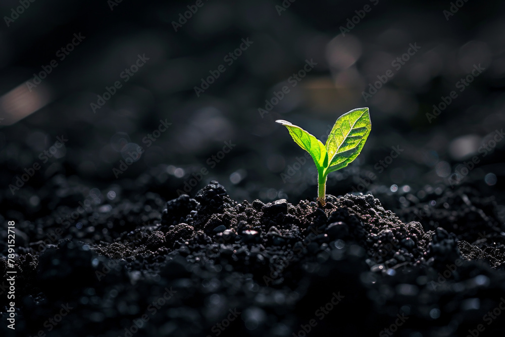 An isolated tiny green sprout on a black soil