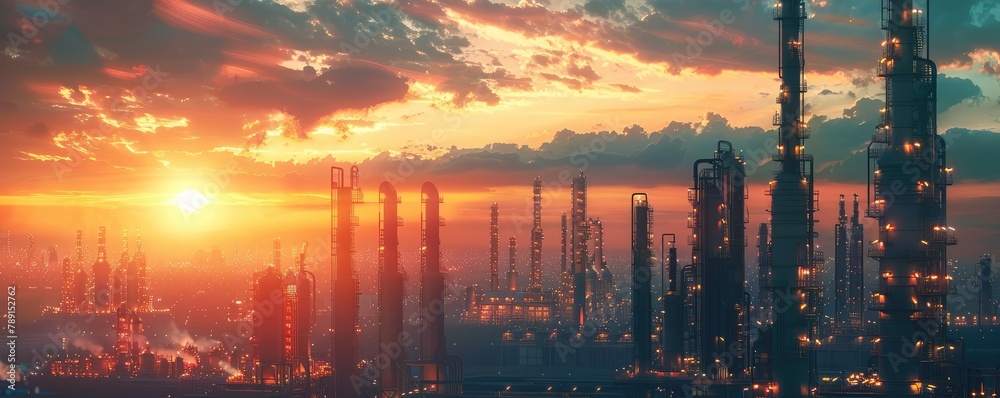 View for the oil rafinery in the sunset, petrochemical plant.