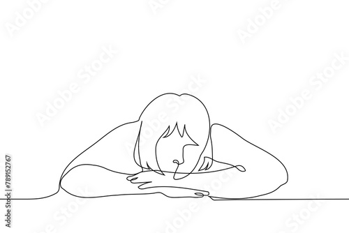 woman rested her head on her stacked forearms - one line art vector. concept bored woman, student, laziness