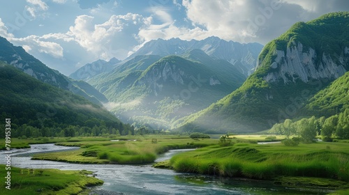 mountain landscape with river. green environment background
