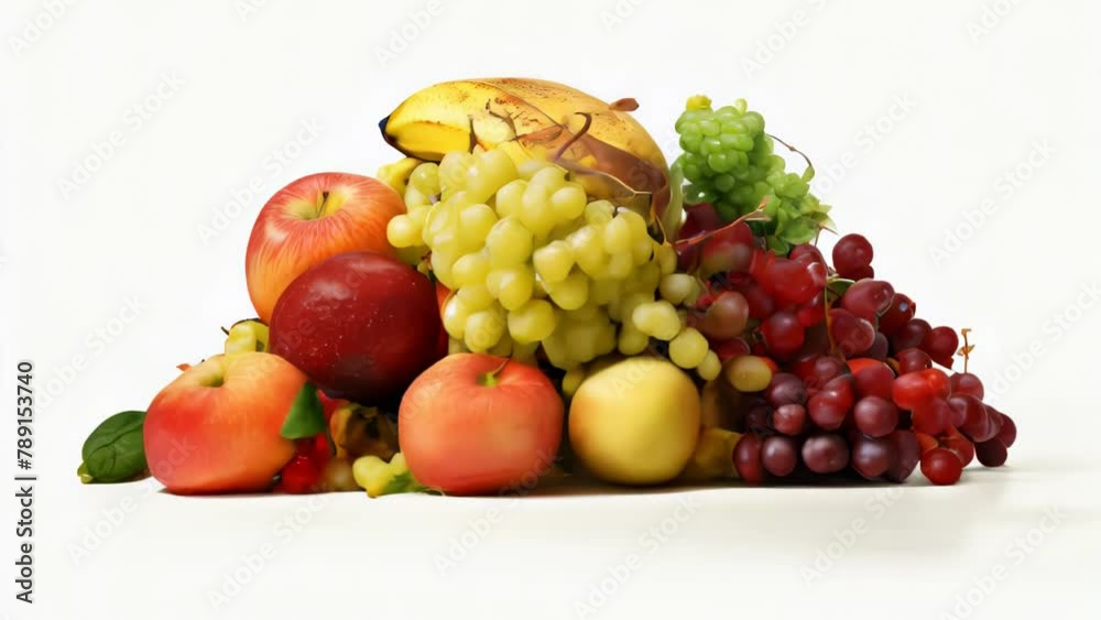 A pile of fruit including apples, bananas, and grapes A pile of fruit including apples, bananas, and grapes