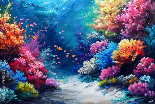   A brush painting of an underwater scene with colorful coral reefs and fish