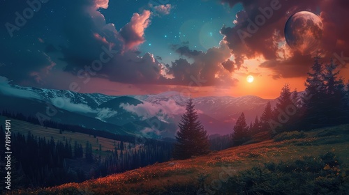 mountain landscape with sun and moon at spring equinox. meadow on the hillside with coniferous forest. day and night time change concept