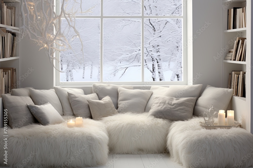 Fototapeta premium Arctic Cozy Reading Nook: Plush Seating & Arctic-Themed Cushions Inspo