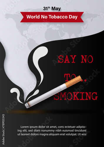 Image of cigarette with world no tobacco day wording in 3d and paper cut style on giant smoke and world map on black background.