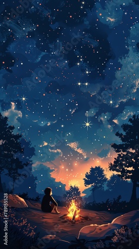 A boy sits by a campfire under a starry night sky.