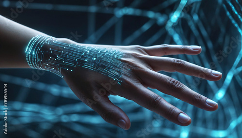 Cybersecurity concept. Cyborg Human Hands with binarycode. photo