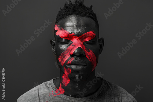 A man with a red cross painted on his face  a rejection