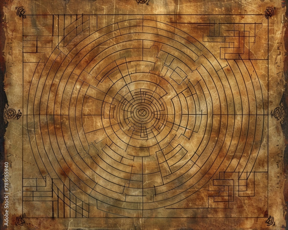 Sunstone labyrinth map, lines of cartography revealing paths to wisdom, available through internet on the sky services, - obrazy, fototapety, plakaty 