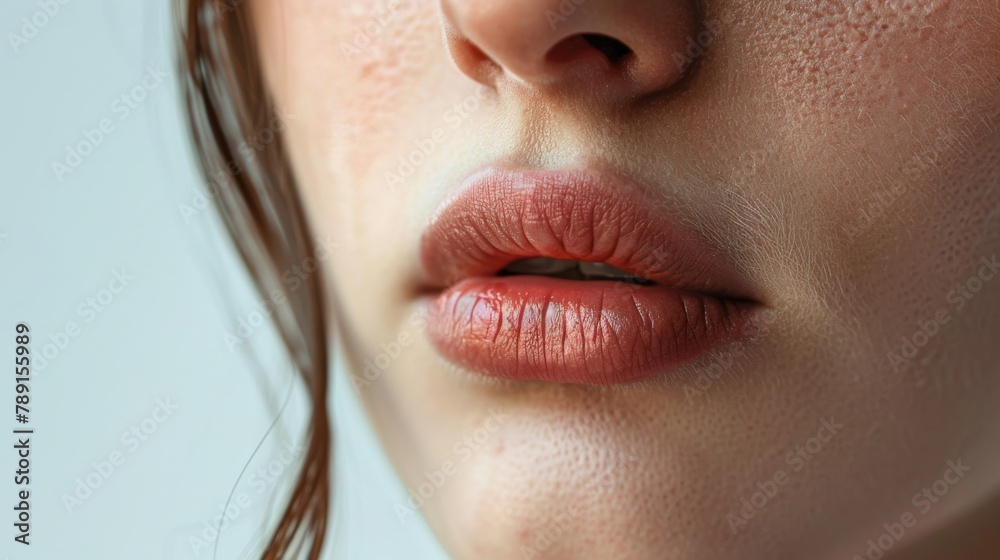 Fototapeta premium Macro view of a pained expression focusing on furrowed lips, against a stark white backdrop, in a realistic style.