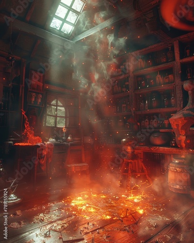 Spell casting in a farmland laboratory, where sorceress accessories and runes glow under natural light, with hints of red and orange,  photo