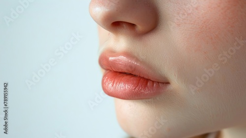 Macro view of a pained expression focusing on furrowed lips, against a stark white backdrop, in a realistic style.