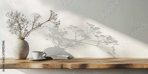 empty wooden shelf on white wall with sunlight and shadow. Simple display stand for product presentation mock up. photo