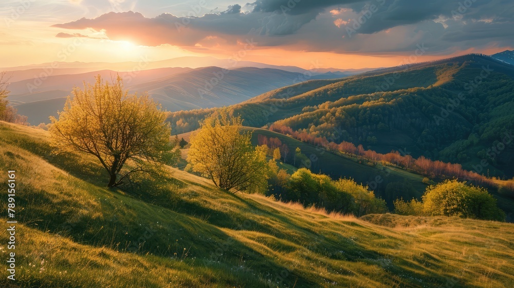 mountainous rural landscape of ukraine at sunset in spring. trees on the grassy hills rolling in to the distant valley. beautiful countryside scenery on a cloudy weather in may
