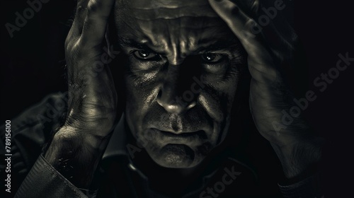 Man with furrowed brow touching his temples, moody lighting, in the style of film noir.