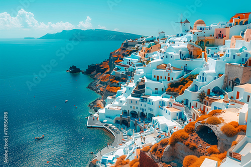 Photo of Oia, Santorini with white buildings and blue sea in Greece