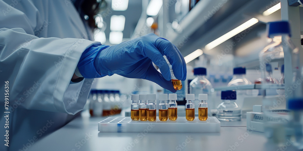 a lab worker's hand in blue gloves holding and placing small vials with brown liquid on a white table in laboratory a lab worker's hand in blue gloves holding and placing small vials with brown liquid on a white table in laboratory