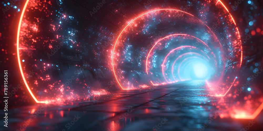 Neon-lit tunnel with a perspective view leading to a bright light. Futuristic travel and speed concept. Design for music videos, sci-fi game backgrounds, and high-speed travel visuals