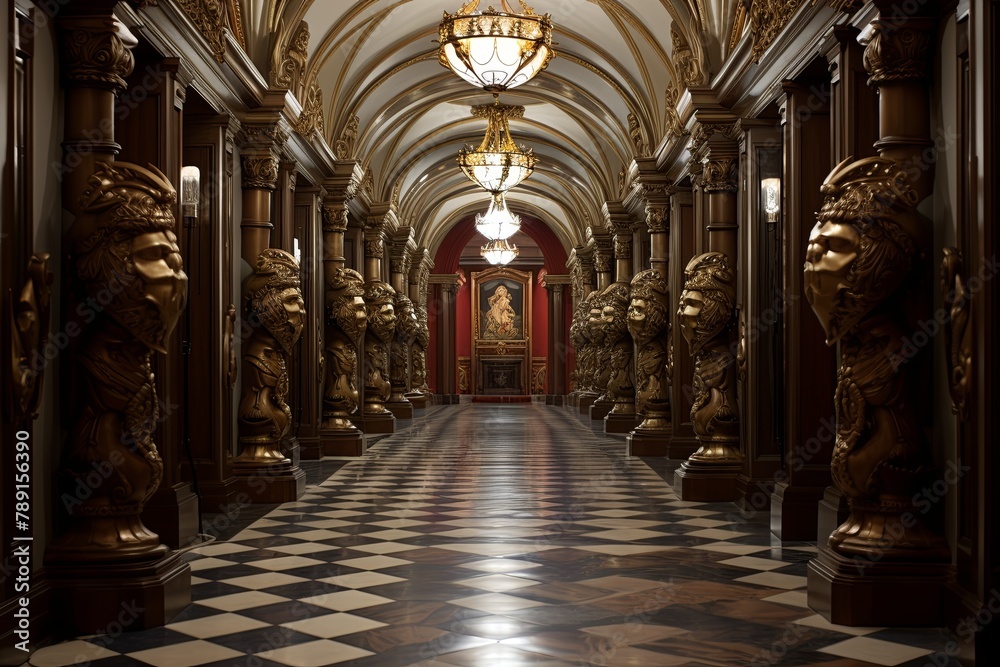 Baroque Palace Grand Hallway Designs: Noble Crests and Armored Knights_STATUES, Opulent Heritage Display