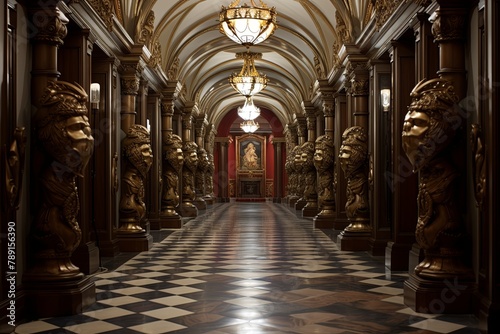 Baroque Palace Grand Hallway Designs  Noble Crests and Armored Knights_STATUES  Opulent Heritage Display