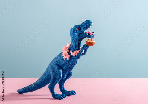 Cute blue dinosaur drink coconut water and wear flower necklace on pink and blue background.