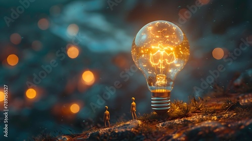 Bright Bulb Enlightens Cluster of Awestruck Figures Seeking Guidance and Hope
