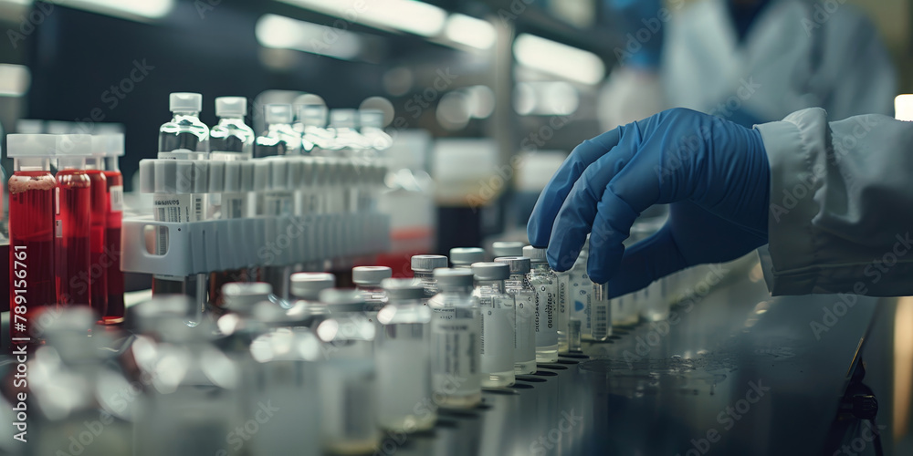 a lab worker's hand in blue gloves holding and placing small vials with brown liquid on a white table in laboratory a lab worker's hand in blue gloves holding and placing small vials with brown liquid on a white table in laboratory