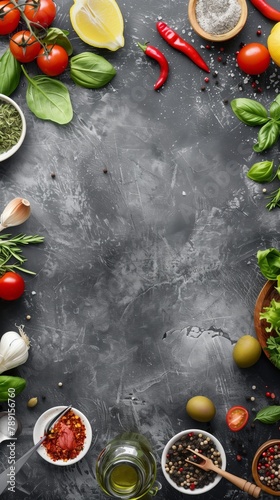 A variety of fresh cooking ingredients on a dark textured background.