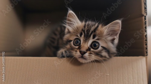Curious Kitten Peeking from Cardboard Box Captivating Close Up of Playful Feline s Irresistible Charm