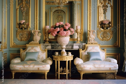 Elegance in �poque: Parisian Parlor Love Seats and Gilt Mirrors photo