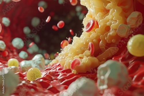 A 3D bloodstream flooded with triglycerides, showcasing the increased triglyceride levels linked to high sugar intake